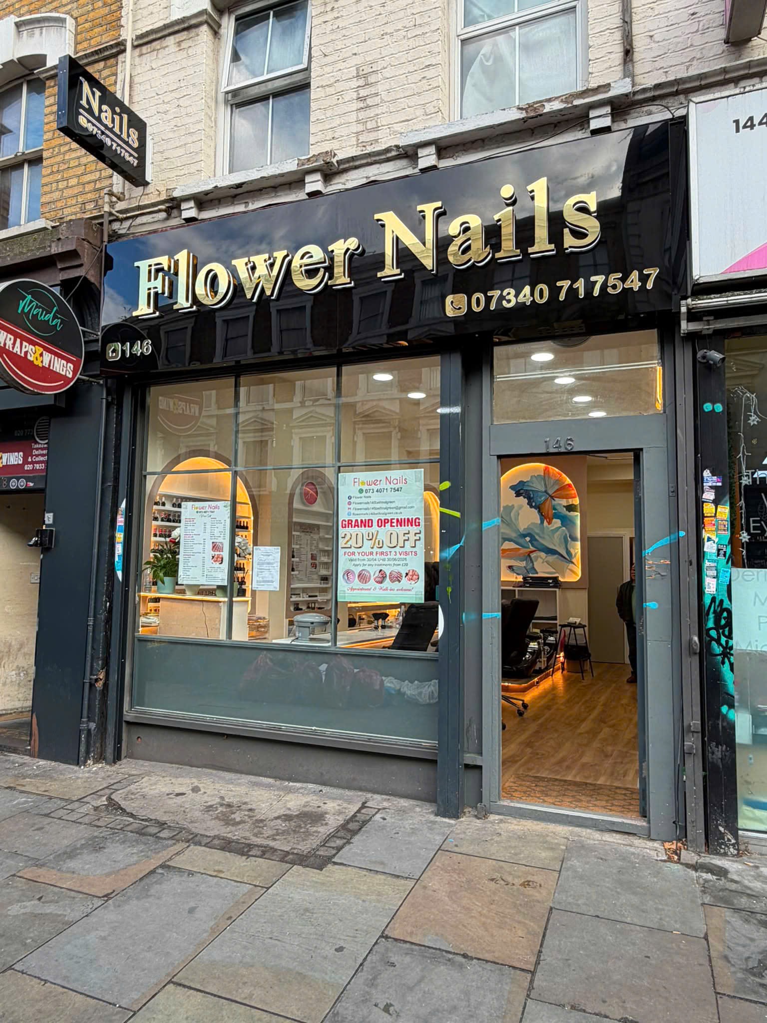 Flower Nails storefront at 146 Bethnal Green Road, London